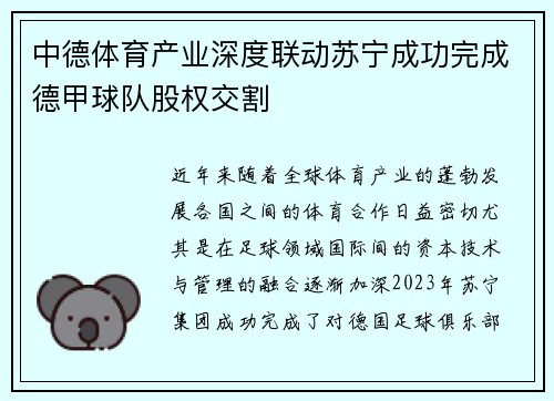 中德体育产业深度联动苏宁成功完成德甲球队股权交割